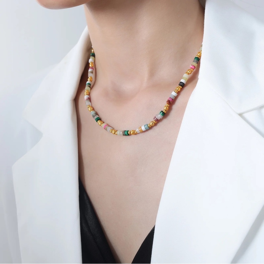 Mixed Gemstone*18K Gold Plated Beaded Beads Necklace*Colorful*Multi Color Gem